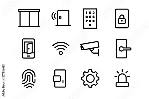 Smart Door Icons. Smart doors. Line icon set of smart doors: sliding door, door sensor, keypad, lock, smartphone app, Wi-Fi symbol, camera, handle,