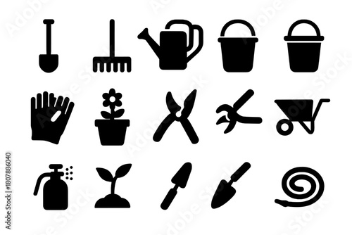 Gardening Tools Icon Set. Gardening pot. Line icon set of Gardening pot: plant pot, soil, saucer, trowel, shovel, watering can, gardening gloves, seeds packet,