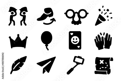 Playful Icons Set. Playful Moments. Solid icon set of Playful Moments: pillow fight, dance step, goofy glasses, confetti pop, paper crown, balloon, joke card,