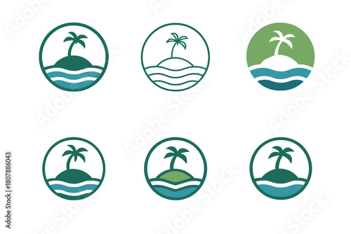 Island Logo Variations. Island. Icon set. Set Logo of Island: small island with sunset horizon. harmonious logo variations of the same emblematic concept, each