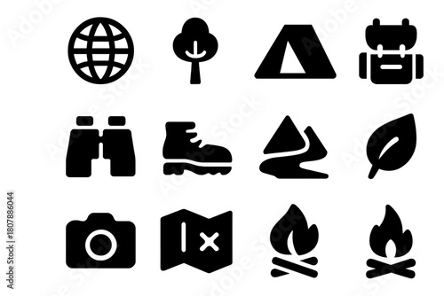 Eco-Tourism Icon Set. Eco-tourism. Solid icon set of Eco-tourism: globe, tree, tent, backpack, binoculars, hiking boots, mountain, river, leaf, camera, map,