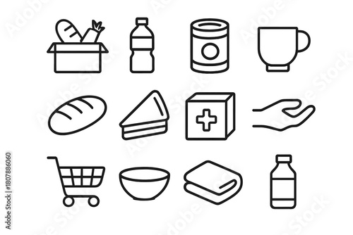 Food and Aid Icons. Food and aid. Line icon set of food and aid: food box, water bottle, soup can, cup, bread loaf, sandwich, aid package, hand giving,
