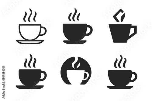 Teacup Logo Icons. Preparing a warm drink. Icon set. Set Logo of Teacup: Steam rising from cup. Minimal outline, Filled silhouette, Abstract geometric,