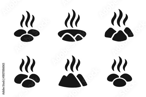 Hot Spring Icons. A family exploring a natural hot spring in a remote mountain area. Icon set. Set Logo of Relaxation: Person reclining in hot spring. Abstract