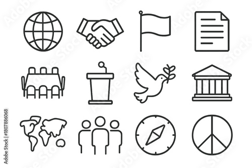International Icons Set. International Diplomacy. Line icon set of International Diplomacy: globe, handshake, flag, document, conference table, speech podium,