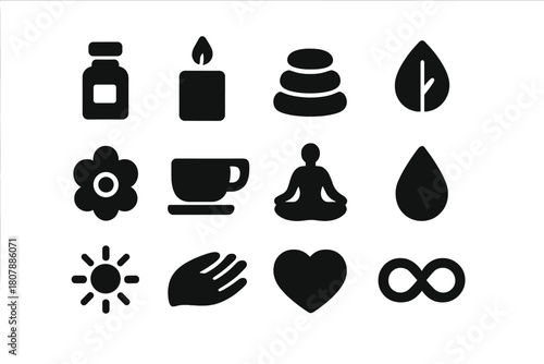 Holistic Wellness Icons. Holistic Wellness. Solid icon set of Holistic Wellness: essential oil bottle, candle, massage stone, leaf, flower, teacup, yoga pose,