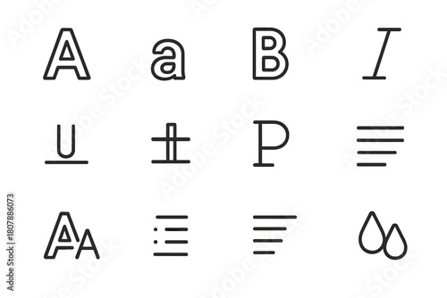 Typography Icon Set. Typography design. Line icon set of Typography design: uppercase letter, lowercase letter, bold text, italic text, underline,