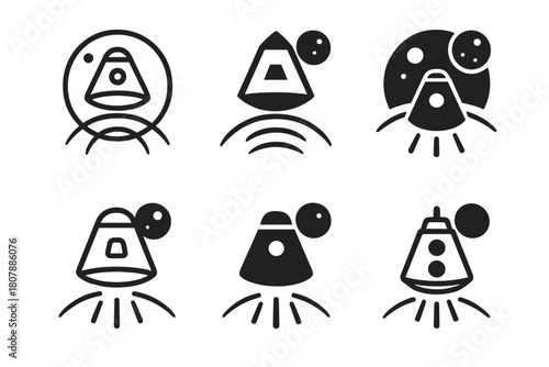 Lunar Mission Logos. Lunar exploration and moon missions. Icon set. Set Logo of Lunar Exploration: capsule returning to Earth from moon. harmonious logo
