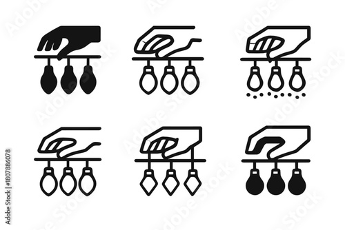 Fairy Lights Icons. Setting up outdoor fairy lights. Icon set. Set Logo of setting up outdoor fairy lights: lantern and string combo. harmonious logo