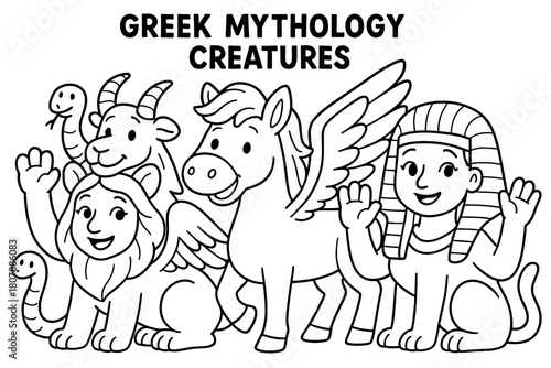 Mythical Creatures Coloring Fun. Greek mythology creatures children?s coloring book illustration, outlined drawing, a happy group of gentle mythical animals