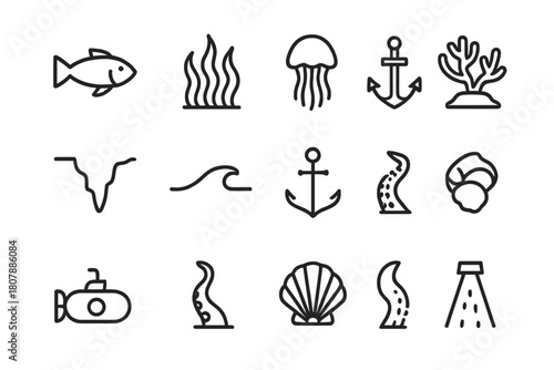 Ocean Depths Icons. Ocean depths. Line icon set of ocean depths: fish silhouette, seaweed, jellyfish, coral, deep trench, wave, anchor, diver, submarine,