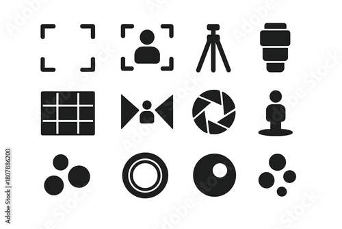Photography Composition Icons. Photography Composition. Solid icon set of Photography Composition: viewfinder, subject focus, tripod, lens, rule of thirds
