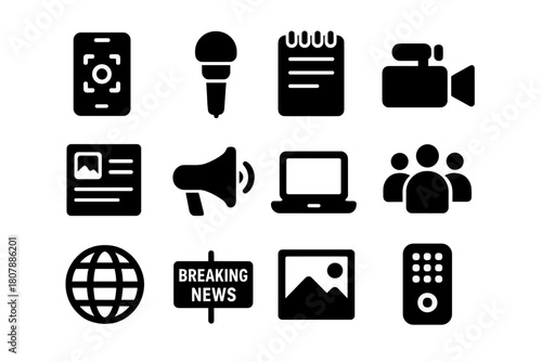 Citizen Journalism Icons. Citizen Journalism. Solid icon set of Citizen Journalism: smartphone camera, microphone, notepad, video camera, news post, megaphone,