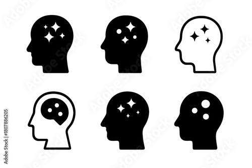 Overactive Mind Logos. Overactive mind in a peaceful, dark room. Icon set. Set Logo of overactive mind in a peaceful, dark room: dark room with glowing aura.