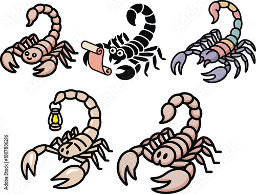 Stylish escorpio zodiac scorpions with lantern and fierce poses