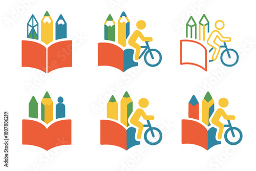 Children's Hobby Icons. Children's hobbies (reading, cycling, painting). Icon set. Set Logo of children's hobbies: outdoor cycling scene. harmonious logo