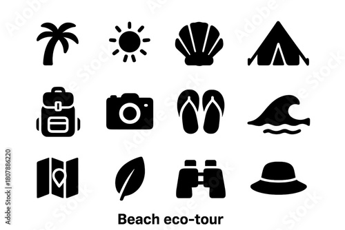 Beach Eco-Tour Icons. Beach eco-tour. Solid icon set of Beach eco-tour: palm tree, sun, seashell, tent, backpack, camera, flip-flops, wave, map,