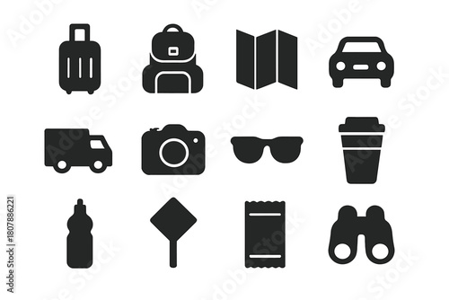 Traveler Essentials Icons. Traveler essentials. Solid icon set of Traveler essentials: suitcase, backpack, map, car, truck, camera, sunglasses, coffee cup,