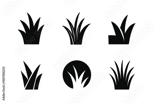 Grass Logo Variations. Grass. Icon set. Set Logo of Grass: minimal grass field line art. harmonious logo variations of the same emblematic concept, each with