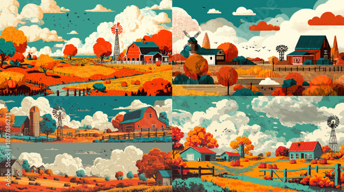 Vibrant countryside landscape with barns, windmills, fields, and trees in bold retro inspired colors. Charming rural scenery perfect for travel art, editorial use, and decorative prints.