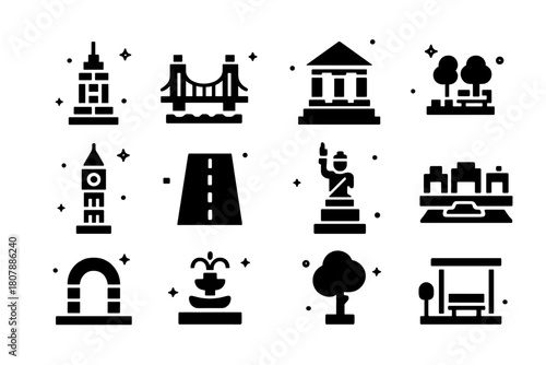 LEGO Architecture Icons. Miniature LEGO Architecture. Solid icons set of Miniature LEGO Architecture: skyscraper, bridge, museum, park, clock tower, road,