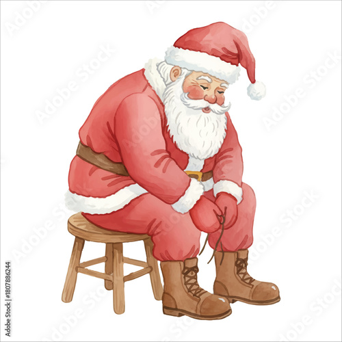 Santa Claus tying shoelaces vector isolated white background Christmas
