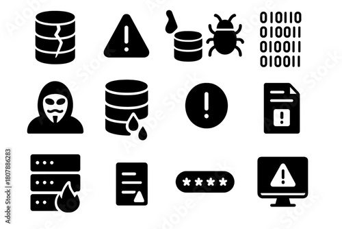 Data Breach Icons. Data breach warning. Line icon set of data breach warning: broken shield, exclamation mark, lock, hacker, laptop, alert triangle, document,