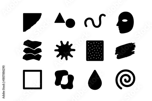 Abstract Icon Collage. Abstract collage art. Solid icon set of Abstract collage art: torn paper, geometric shapes, swirl line, cutout face, layered pattern,