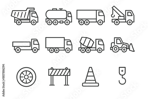 Heavy Truck Icons. Heavy trucks. Line icon set of heavy trucks: dump truck, fuel tanker, semi-trailer, crane truck, flatbed truck, cargo truck, cement mixer,