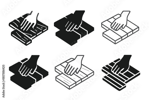 Wooden Floorboard Logos. Laying down wooden floorboards. Icon set. Set Logo of laying down wooden floorboards: adhesive application. harmonious logo variations