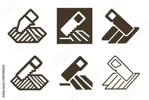 Wooden Floorboard Icons. Laying down wooden floorboards. Icon set. Set Logo of laying down wooden floorboards: trimming edge boards. harmonious logo variations