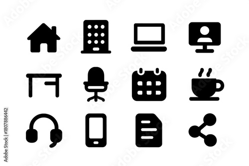 Office Remote Icons. Office & Remote. Solid icon set of Office & Remote: home, office building, laptop, video call, desk, chair, calendar, coffee