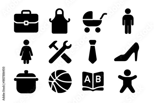 Work and Family Icons. Work & Family. Solid icon set of Work & Family: briefcase, apron, baby stroller, man, woman, tools, tie, high heel, cooking pot, sports