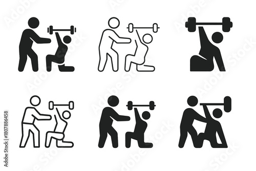 Workout Logo Variations. A personal trainer demonstrating a workout move for a client. Icon set. Set Logo of strength exercise: dumbbell lift motion.