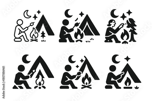 Campfire Icons Collection. A person sitting by a campfire in the woods, roasting marshmallows and telling stories. Icon set. Set Logo of A person sitting by a