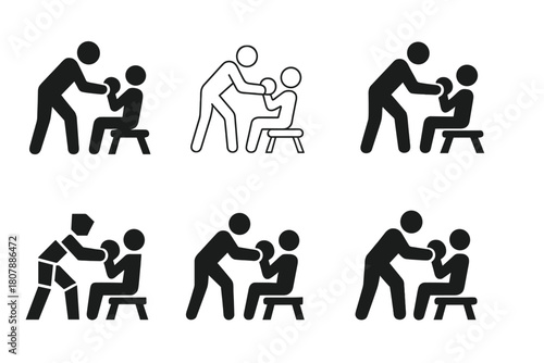 Workout Logo Variations. A personal trainer demonstrating a workout move for a client. Icon set. Set Logo of strength exercise: dumbbell lift motion.