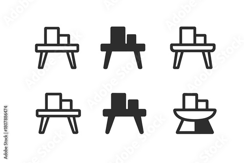 Logo Variations Grid. Product table display. Icon set. Set Logo of product table display: tiered stand with neatly arranged merchandise. harmonious logo