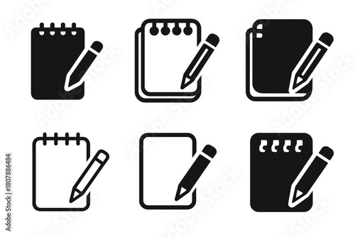Creative Workspace Logos. Sketchbook and pencil on desk. Icon set. Set Logo of sketchbook and pencil on desk: creative workspace setup. harmonious logo