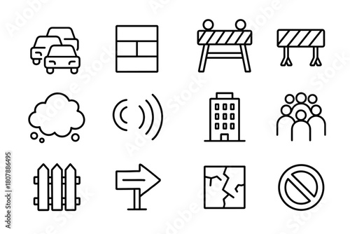 Urban Barrier Icons. Urban Barriers. Line icon set of Urban Barriers: traffic jam, concrete wall, construction barrier, roadblock, pollution cloud, noise