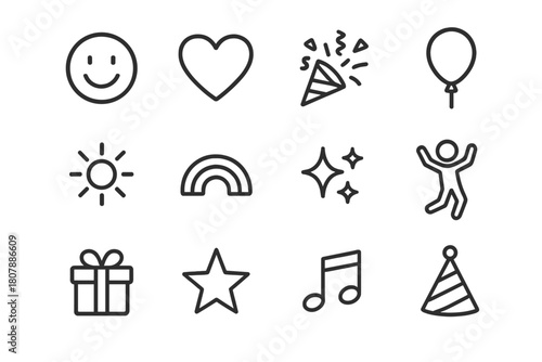 Happiness Icon Set. Happiness symbols. Line icon set of happiness symbols: smiling face, heart, confetti, balloon, sun, rainbow, sparkles, dancing person, gift