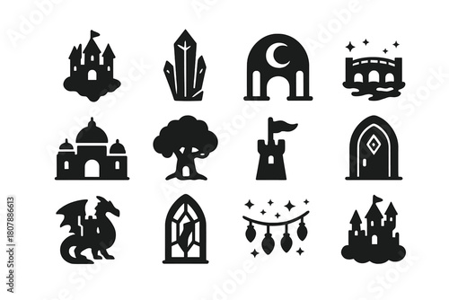 Fantasy Palace Icons. Fantasy palaces. Solid icon set of Fantasy palaces: floating castle, crystal tower, moon gate, magical bridge, golden dome, enchanted