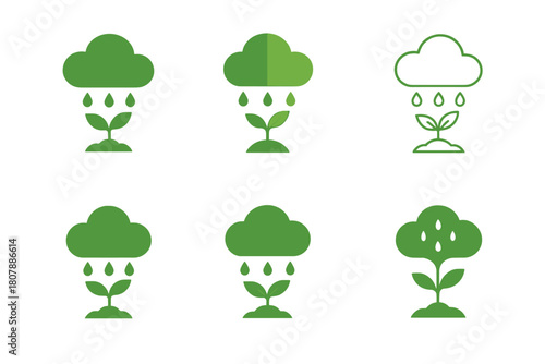 Eco-Irrigation Icon Set. Eco-friendly irrigation. Icon set. Set Logo of eco-friendly irrigation: rain cloud watering a seedling. harmonious logo variations of