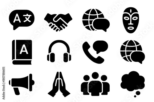 Cross-Cultural Icons Set. Cross-Cultural Communication. Line icon set of Cross-Cultural Communication: globe, chat bubble, hands, people, flag, book, document,