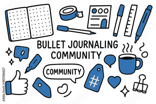 Bullet Journaling Icons. // Bullet journaling community. Hand-drawn doodle illustration Bullet journaling community [dotted notebook (accented), gel pen, washi