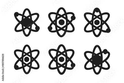 Atomic Icon Set. Chemical composition. Icon set. Set Logo of Atom Symbol: Core nucleus with electrons. Negative space, Symmetrical form, Flat solid, Minimal