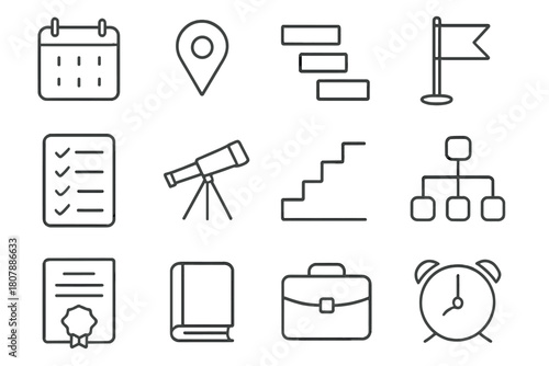 Career Planning Icons. Career planning roadmap. Line icon set of career planning roadmap: calendar, milestone pin, gantt chart bars, goal flag, checklist,