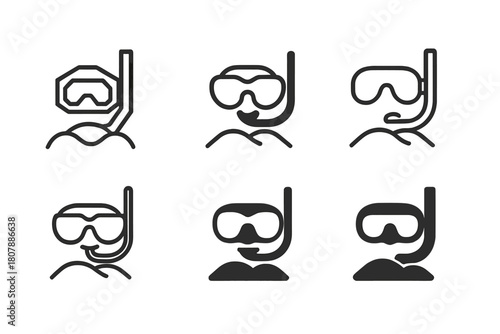 Snorkeling Mask Logos. Snorkeling mask. Icon set. Set Logo of Snorkeling mask: Mask strap detail. harmonious logo variations of the same emblematic concept,