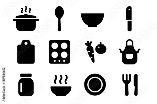 Home Cooking Icons. Home cooking. Icon set. Set Logo of home cooking: open recipe book beside spice jars. harmonious logo variations of the same emblematic