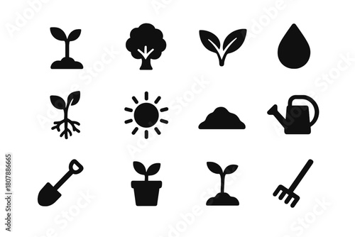 Growing Plant Icons. Growing Plant. Solid icon set of Growing Plant: sapling, tree, leaves, roots, water droplet, sun, soil mound, watering can, shovel, plant