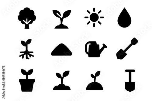Tree Growth Icons. Tree Growth. Solid icon set of Tree Growth: tree, sapling, leaves, roots, sun, water droplet, soil mound, watering can, shovel, plant pot,